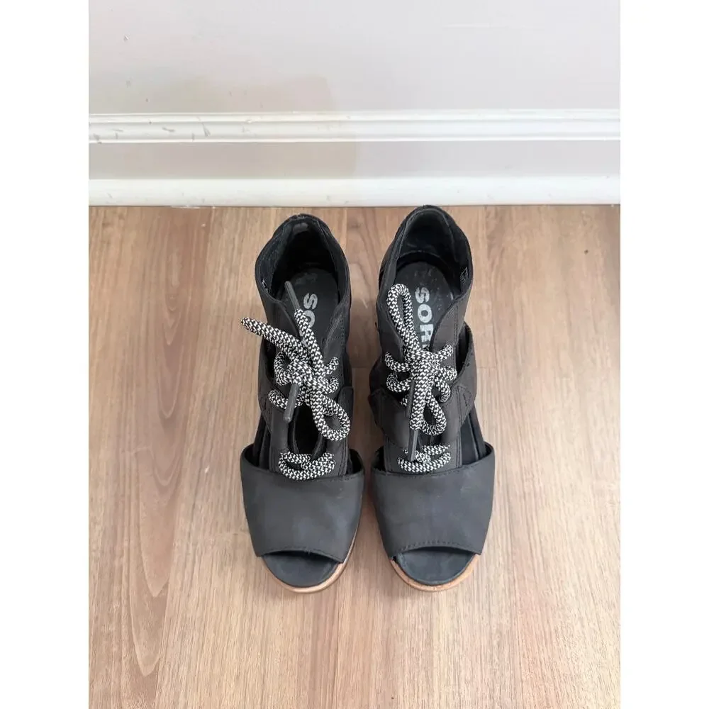 Sorel Joanie Sandal Lace Up Black Leather Wedge Cut Out Peep Toe-Size 7.5